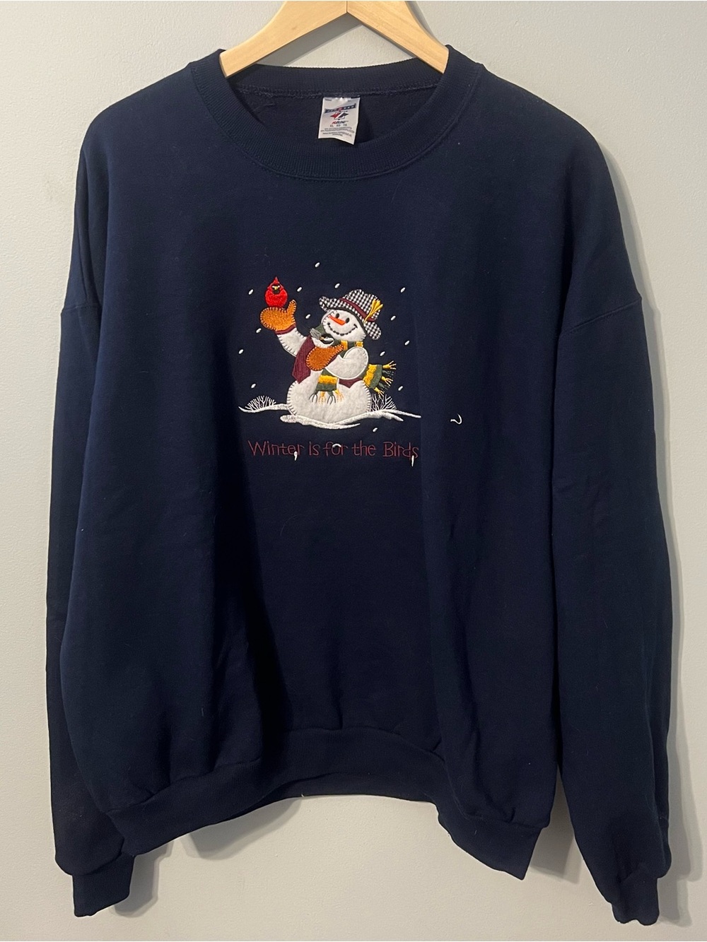 Vintage Embroidered Snowman Sweatshirt Womens XL Navy Christmas Crewneck JERZEES